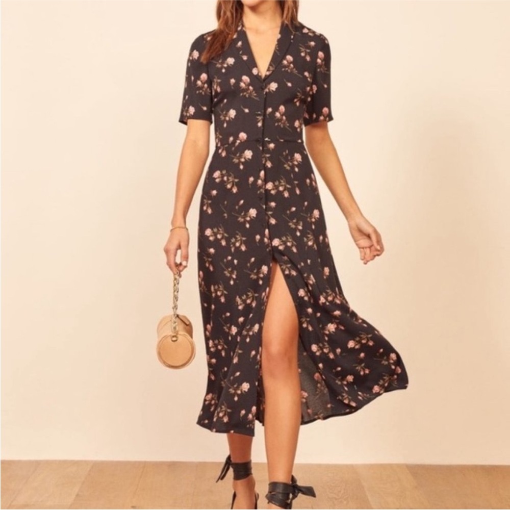 Reformation Rocki Dress, Black Dress with Pink Florals, Size 6